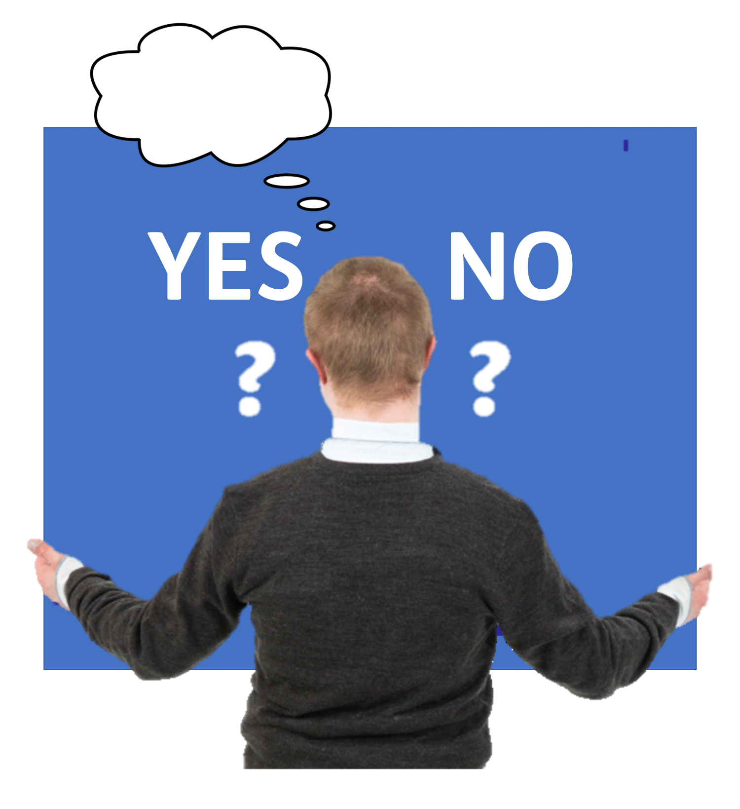 A man is holding up a board and looking at it thinking. On the board are the words Yes and No with question marks underneath them