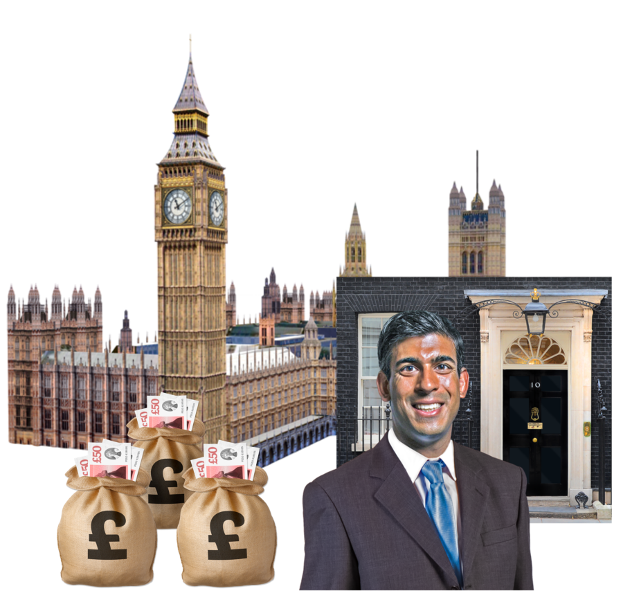 The Prime Minister in front of number 10 and the houses of parliament next to three sacks of money